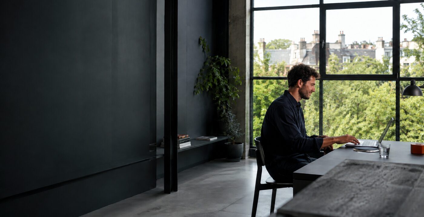 A man at a charcoal desk beside a tall window, laptop open, green rooftops outside.