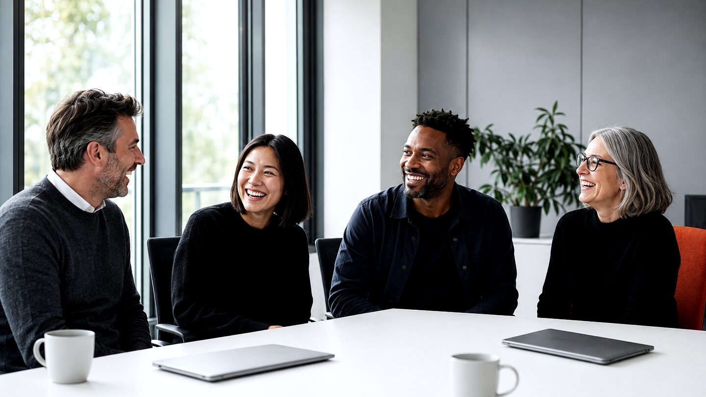 Colleagues around a table with closed laptops, one telling a story as the others laugh.